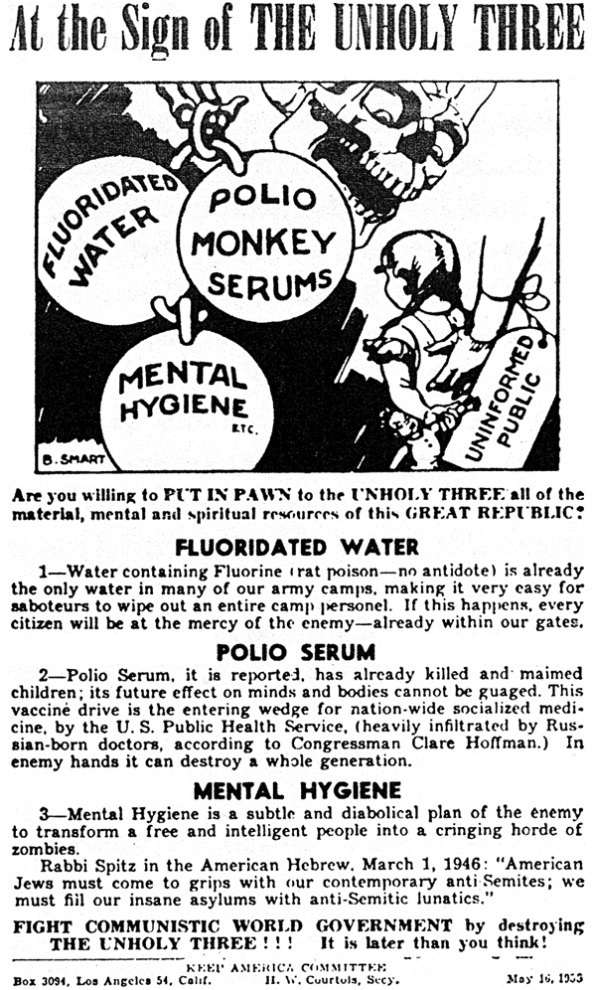 1955 scare flyer alleging the polio vaccine, water fluoridation, and mental hygiene were communist plots to weaken America.